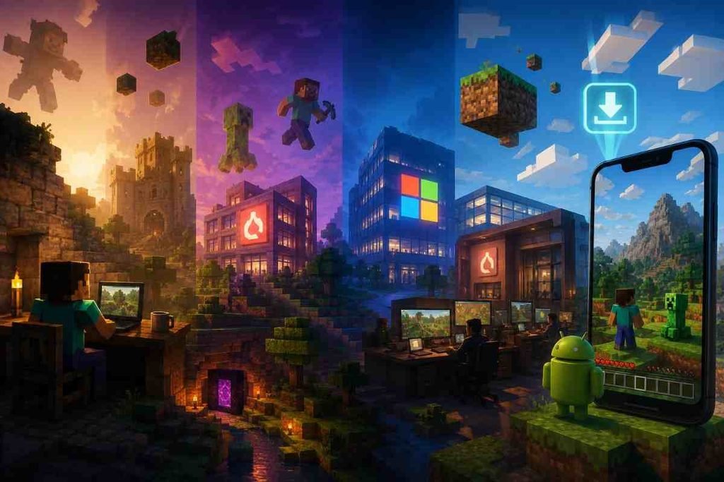 Minecraft game history collage with characters and builds