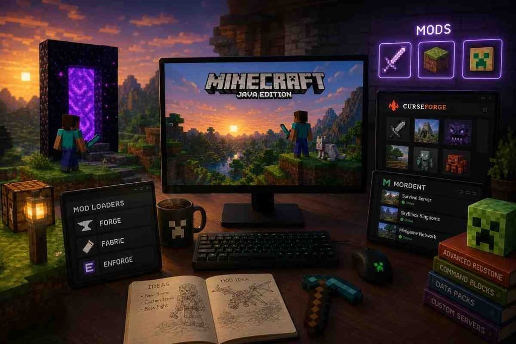 Minecraft Java Edition desktop setup with mod guides