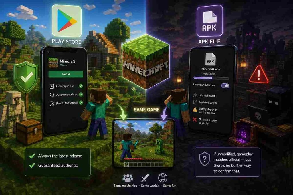Minecraft APK versus Google Play Store comparison graphic