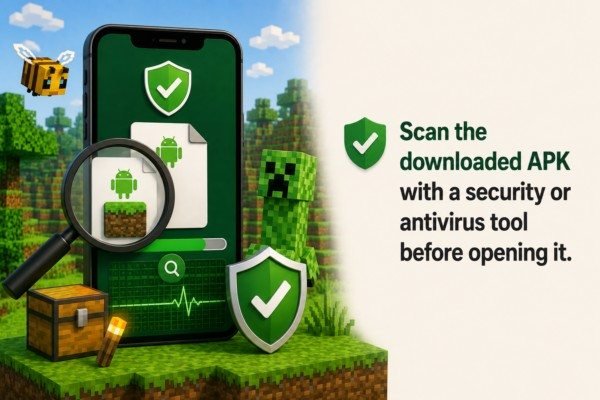 Minecraft APK safety tip scan with antivirus graphic