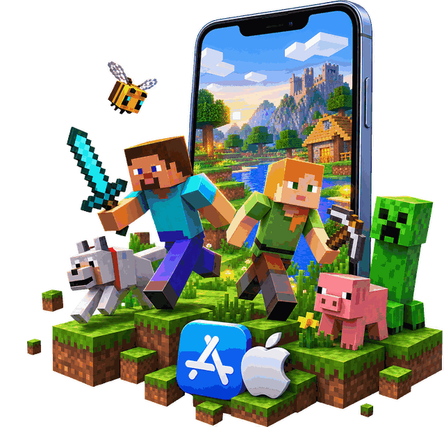 Minecraft characters with iPhone and App Store logos
