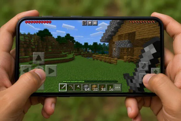 Hands holding phone playing Minecraft with touch controls