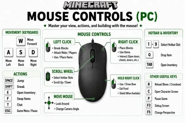 Minecraft mouse controls PC infographic with keyboard shortcuts