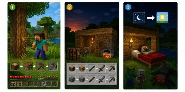 Minecraft survival tips panels showing wood, crafting and bed