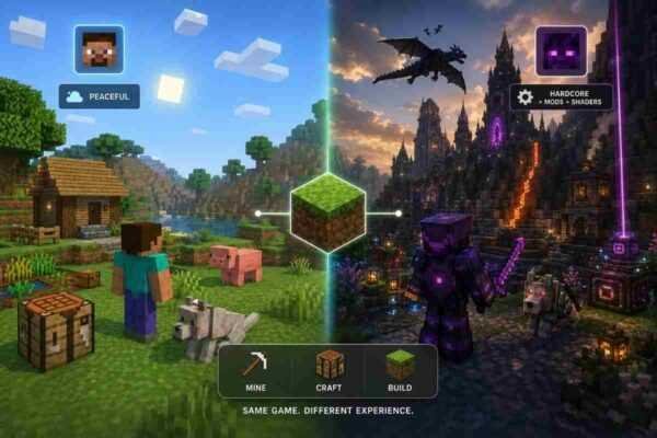 Minecraft peaceful versus hardcore modded shaders comparison