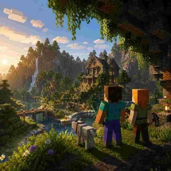 Minecraft characters overlooking village landscape at sunset