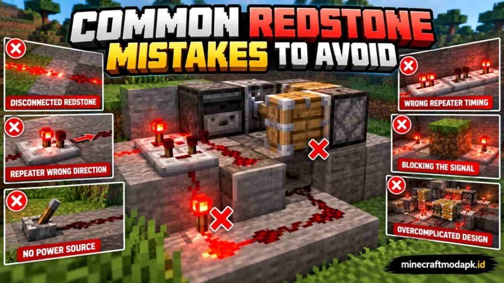 Common Minecraft Redstone mistakes showing disconnected circuits, wrong repeater timing, and blocked signals