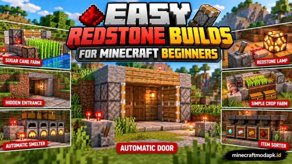 Easy Minecraft Redstone builds for beginners including an automatic door, crop farm, lamp, and item sorter