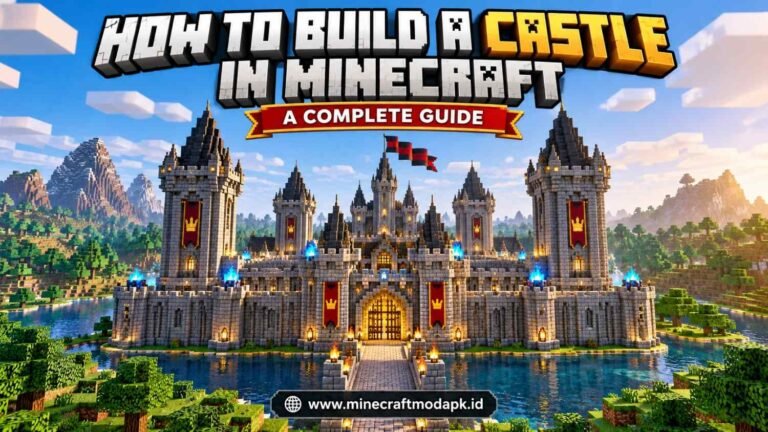 Large medieval castle in Minecraft with stone towers, battlements, a central gate and red flags