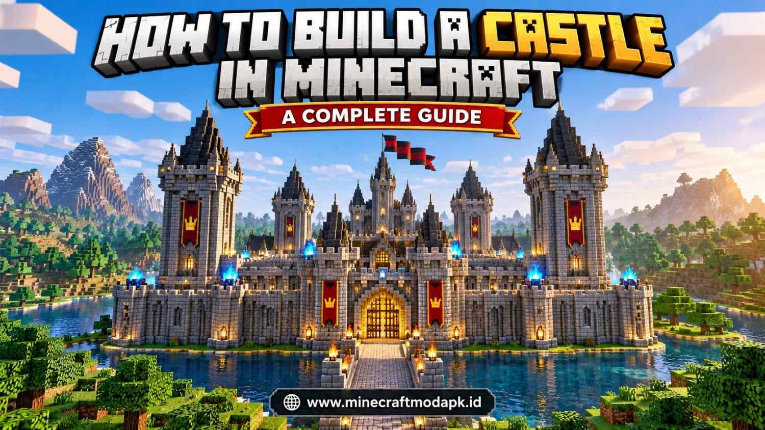 Large medieval castle in Minecraft with stone towers, battlements, a central gate and red flags