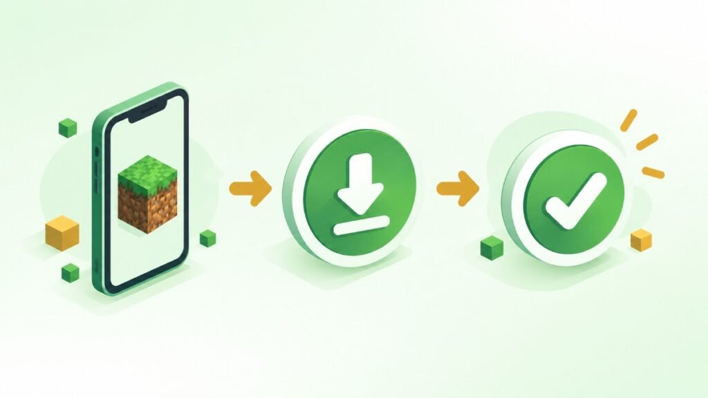 Isometric infographic showing the steps to download and install Minecraft APK for iOS, from phone screen to install checkmark