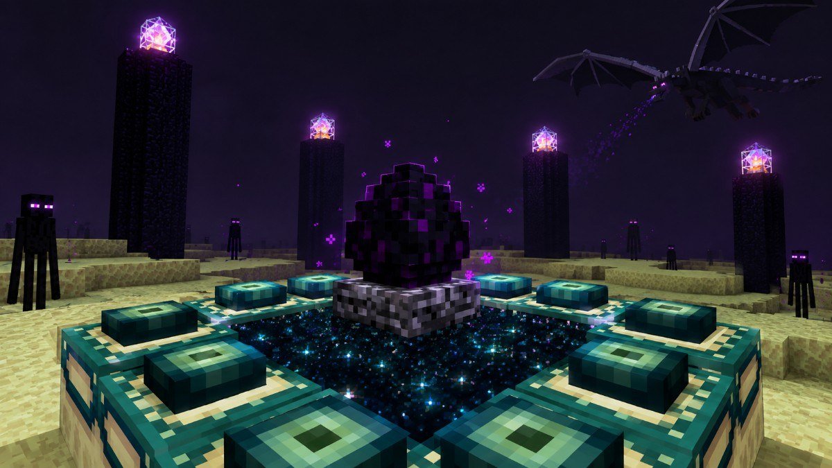 Minecraft dragon egg sitting above the End's exit portal after defeating the Ender Dragon