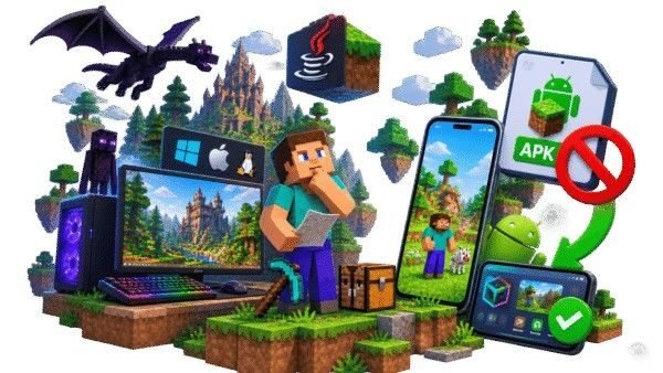 Steve comparing Minecraft Java Edition on PC with the mobile version on Android, with a crossed-out APK icon