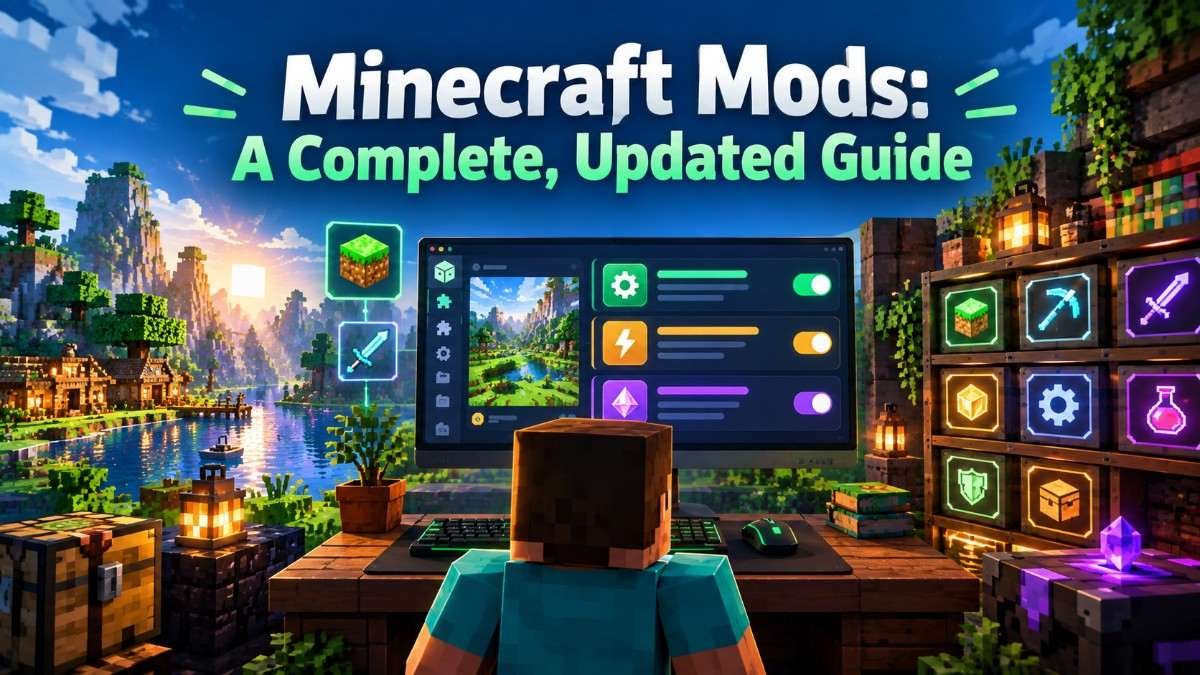A player character at a control desk viewing a Minecraft mods dashboard with performance, shader, and content mod toggles enabled