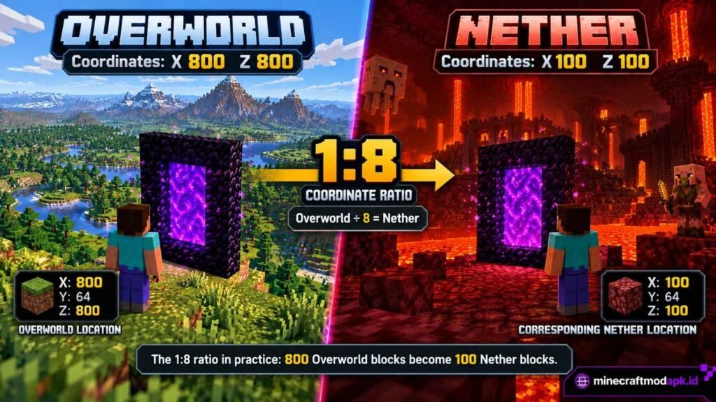 Minecraft Nether portal coordinate ratio showing X800 Z800 in the Overworld and X100 Z100 in the Nether