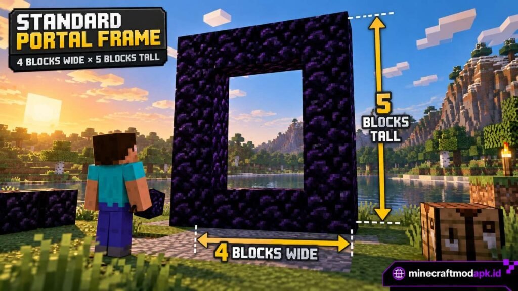 A 4-block-wide and 5-block-tall obsidian Nether Portal frame under construction in Minecraft