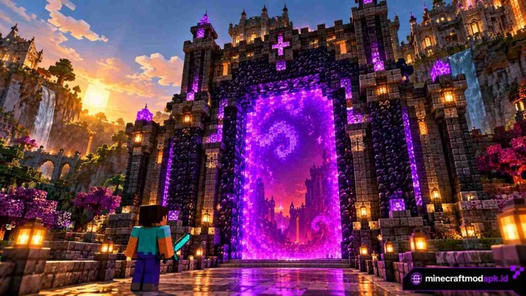 Oversized decorative Nether Portal built into a Minecraft castle gate with an open rectangular portal