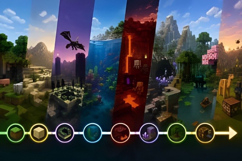 Minecraft old versions timeline showing biomes from early updates to the Nether and the End