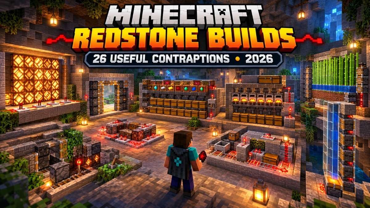 Minecraft redstone builds with useful contraptions including item storage, farms, piston doors and automation