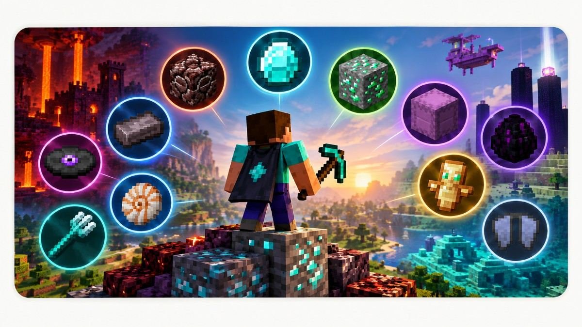 Rare materials in Minecraft including diamond, ancient debris, emerald, shulker shell, dragon egg, totem and other rare items