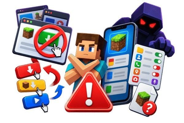 Fake Minecraft APK download warning with prohibition sign