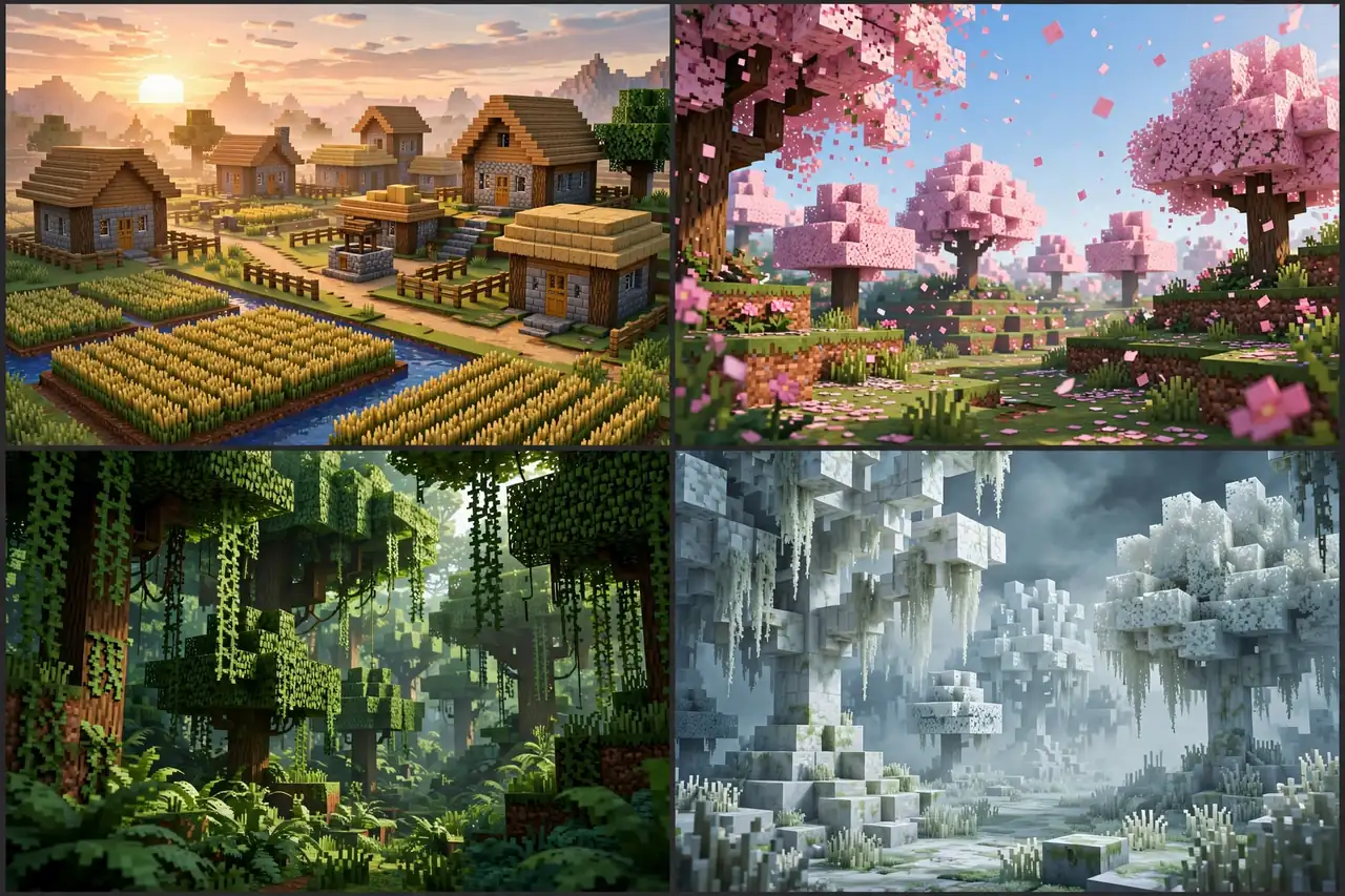 Four-panel collage of the best Minecraft biomes: a Plains village, pink Cherry Grove trees, a dense Jungle canopy, and the pale, eerie Pale Garden.