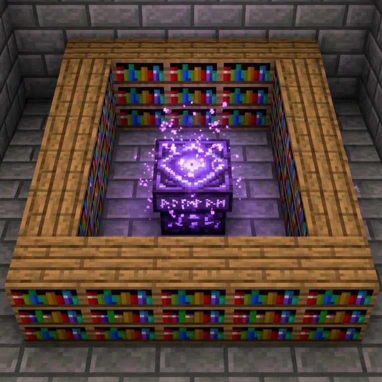 Enchanting table surrounded by 15 bookshelves with one-block gap — level 30 setup