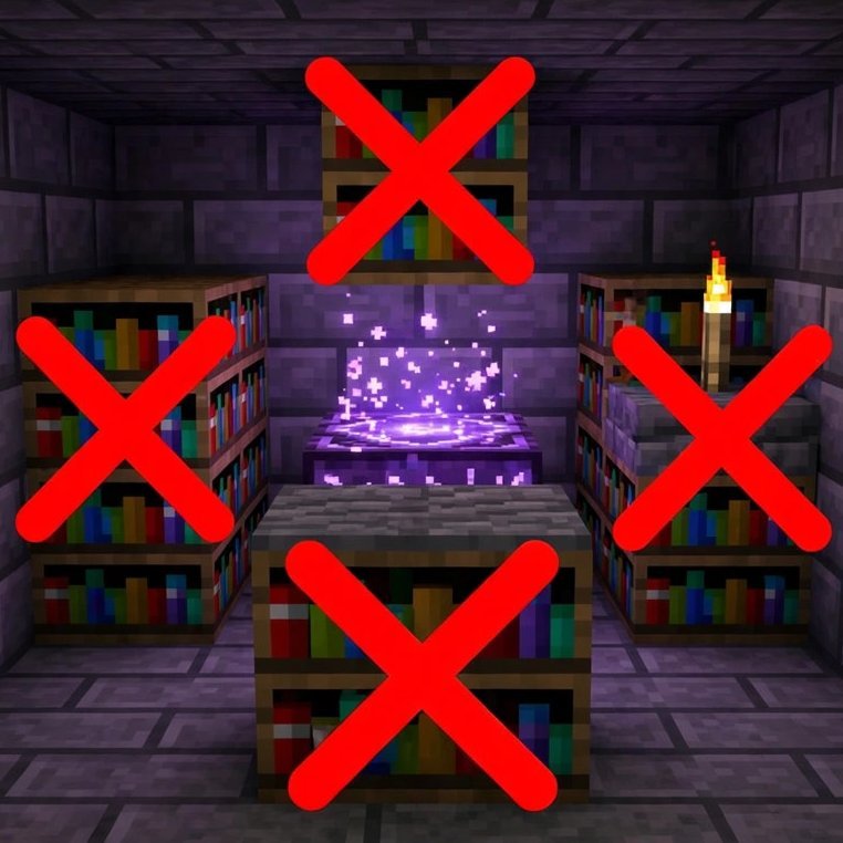 Common enchanting table mistakes — wrong bookshelf placement marked with red X
