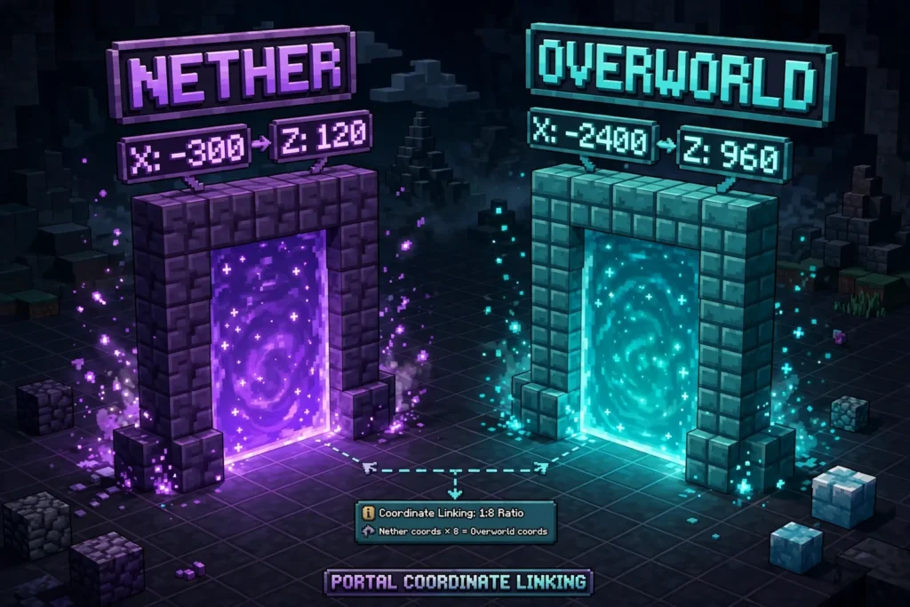 How to make portals in Minecraft: coordinate math for linking Nether and Overworld portals