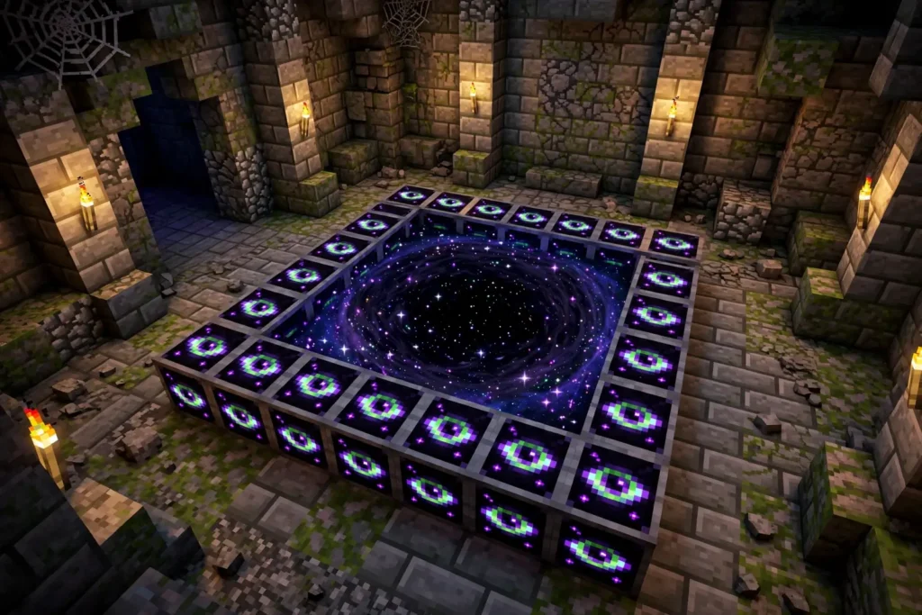 How to make portals in Minecraft: End portal frame with Eyes of Ender placed in a stronghold