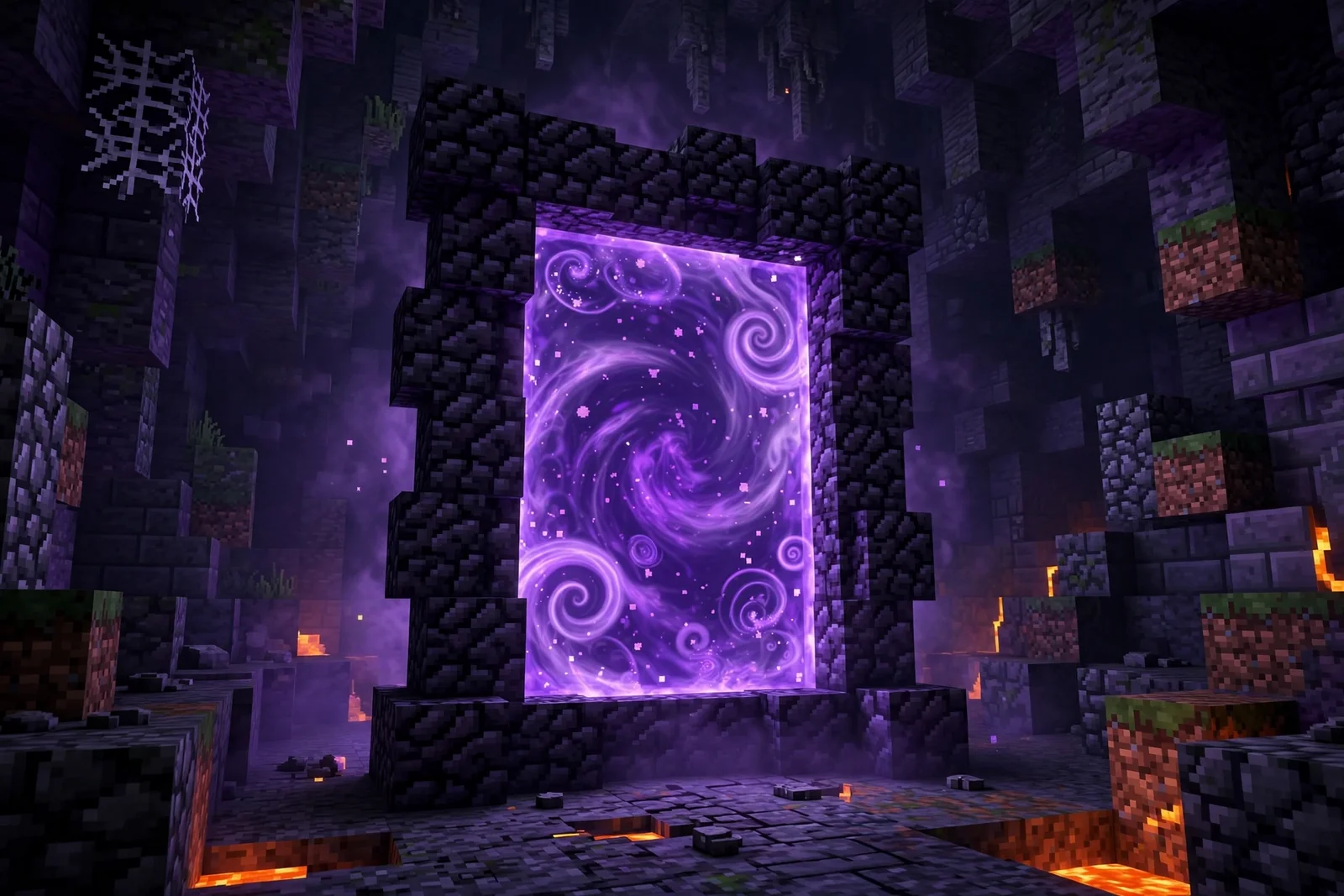 How to make portals in Minecraft: purple glowing Nether portal built from obsidian