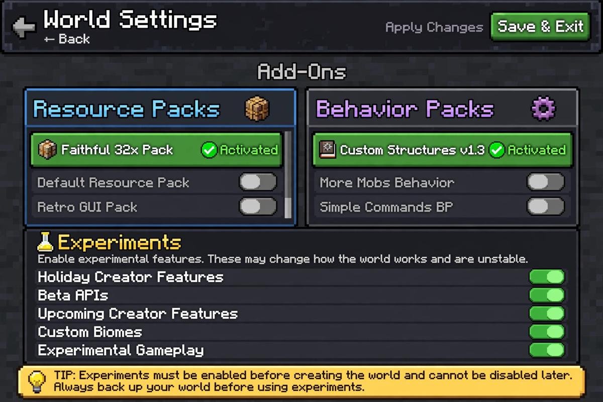 Activating minecraft addons in a world's Resource Packs and Behavior Packs settings