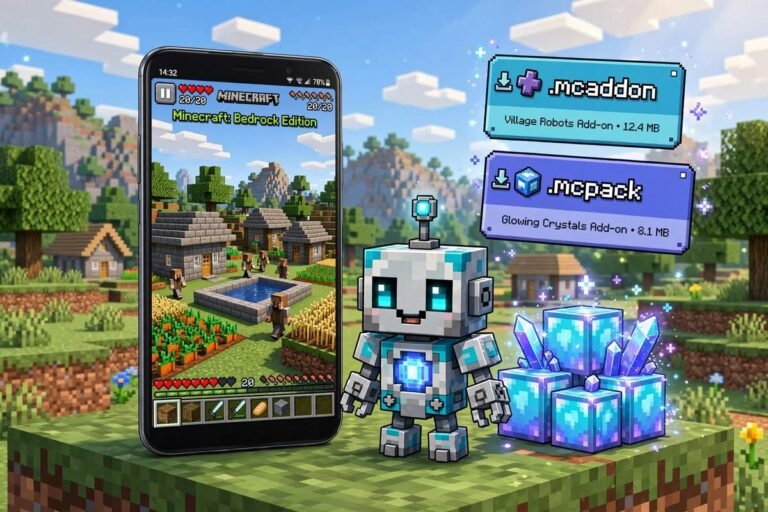 Minecraft addons installed on Android adding a custom mob and blocks to a Bedrock world