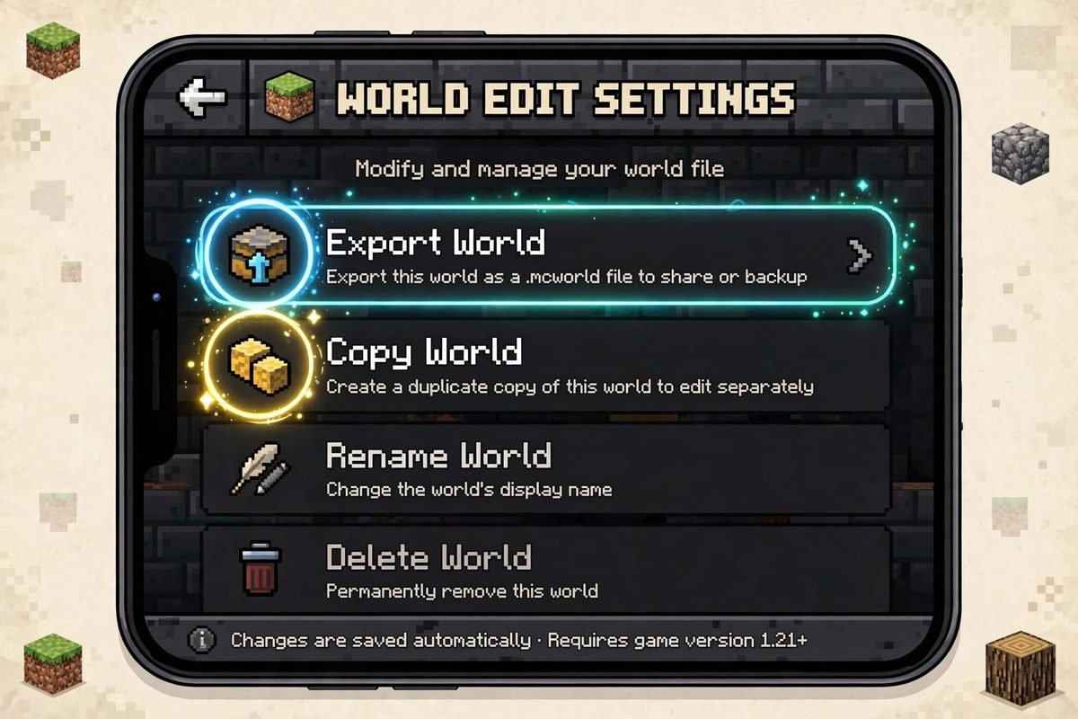 Export World option in Minecraft world settings for backing up a world as a .mcworld file
