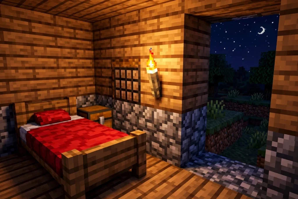 Crafting a bed in Minecraft with wool and wooden planks