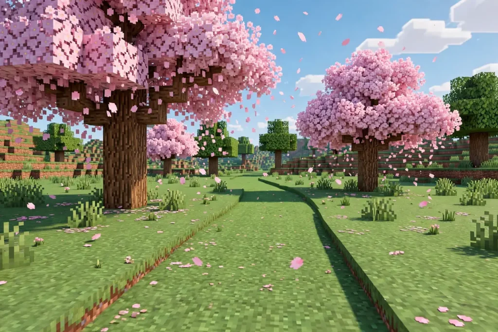 Pink cherry blossom petals drifting from Cherry Grove trees in one of the best Minecraft biomes for beautiful bases.