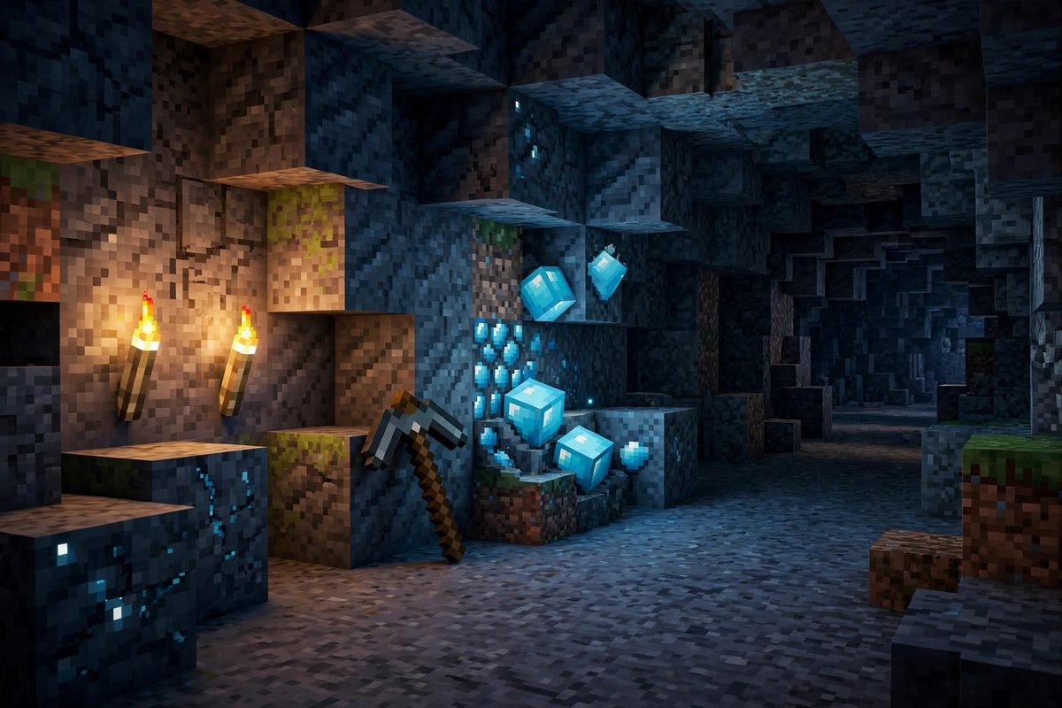 Diamond ore vein exposed in a deepslate tunnel at the best Y-level