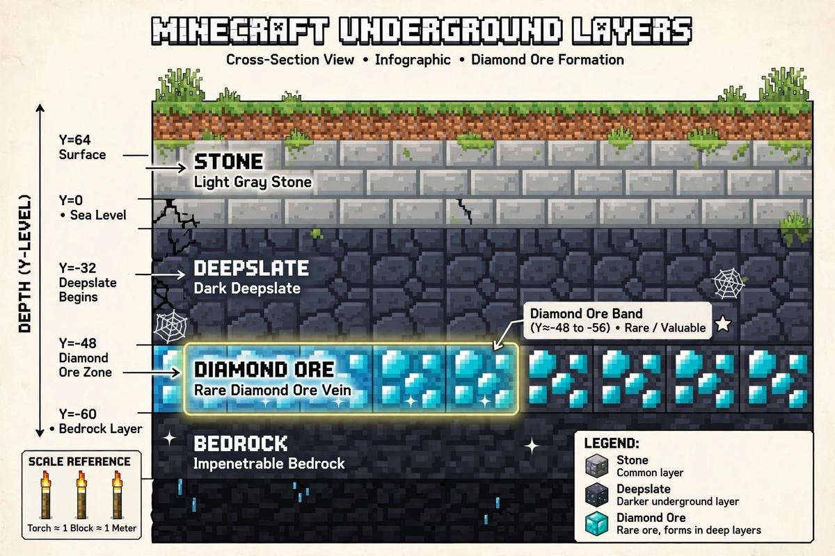 Diamond ore distribution by Y-level, most common at -58 and -59