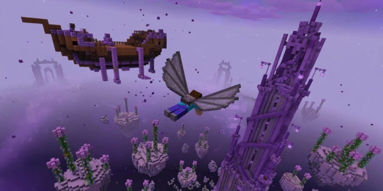 Player flying with elytra away from an End ship toward an End city in Minecraft