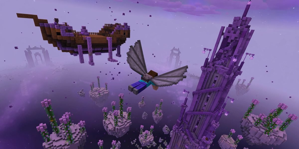 Player flying with elytra away from an End ship toward an End city in Minecraft