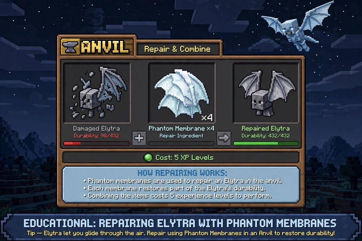 Repairing an elytra with phantom membranes on an anvil in Minecraft