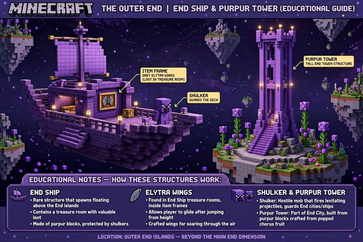 An End ship next to an End city tower, where elytra are found in an item frame
