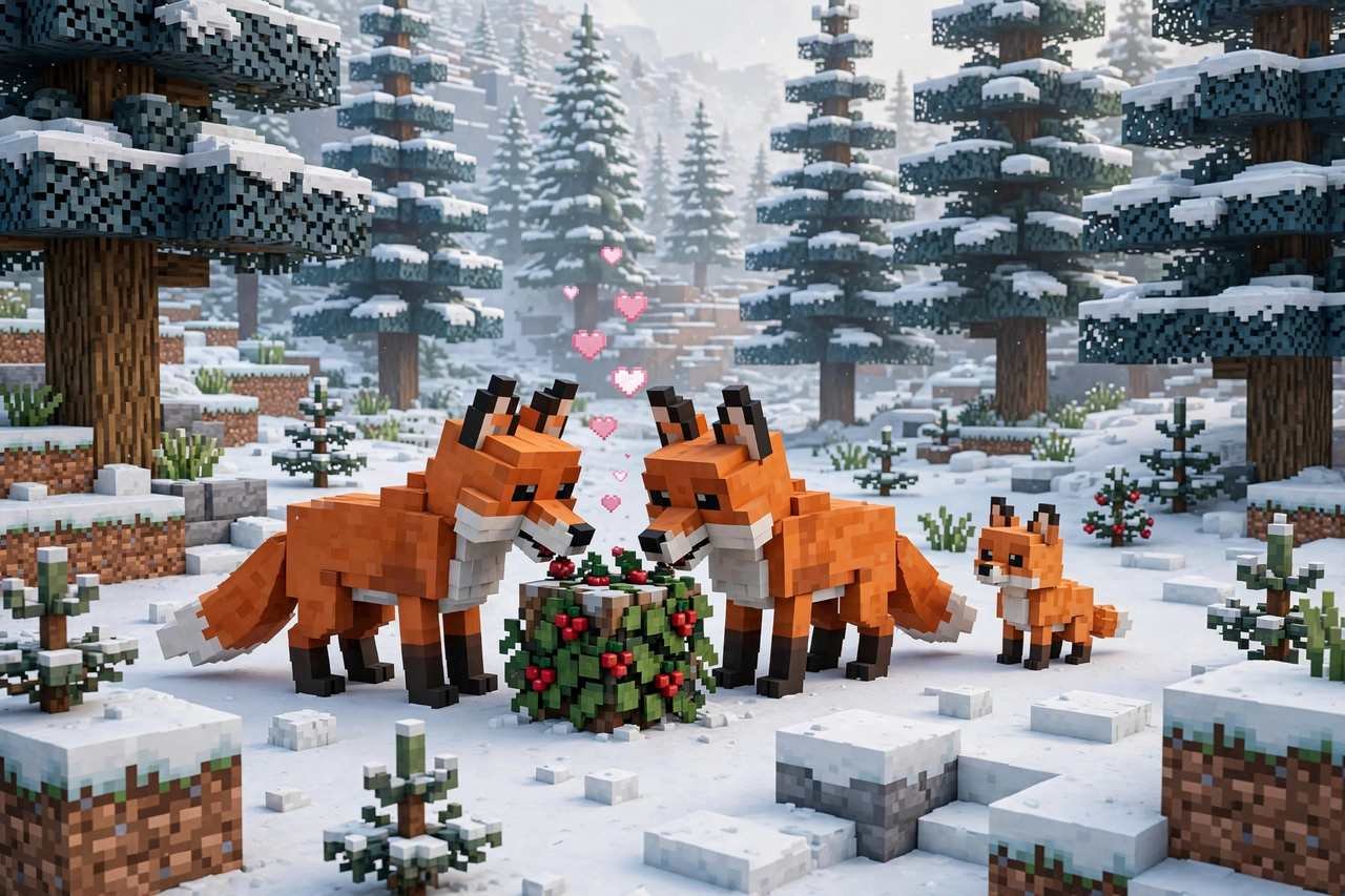 How to tame animals in Minecraft — breeding two foxes with sweet berries in a snowy taiga