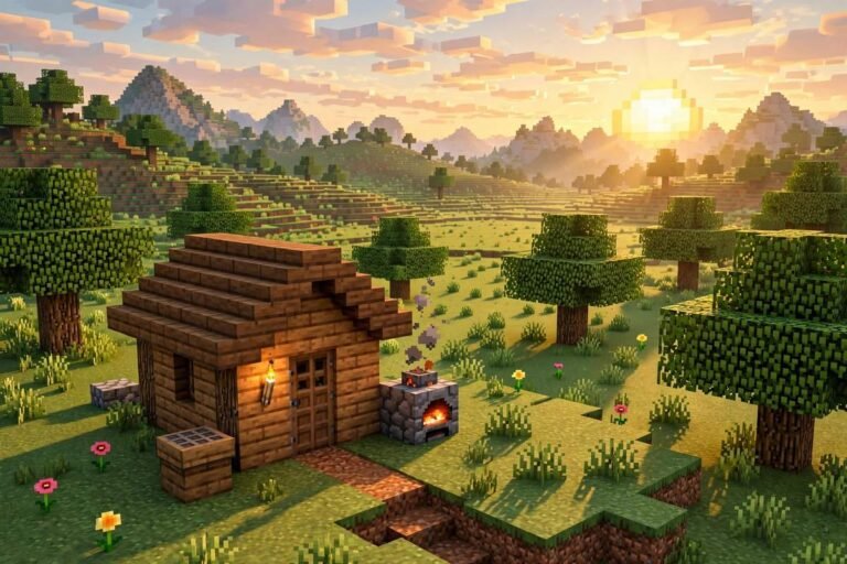 A simple starter base at sunrise in a new Minecraft world for beginners