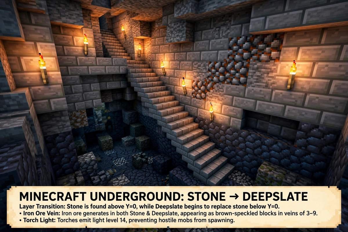 A torch-lit staircase mine reaching the deep levels where diamonds generate