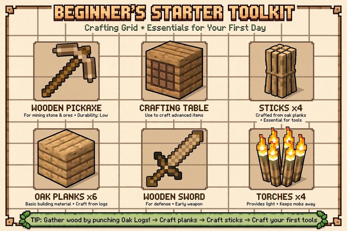The first tools every beginner should craft on day one in Minecraft