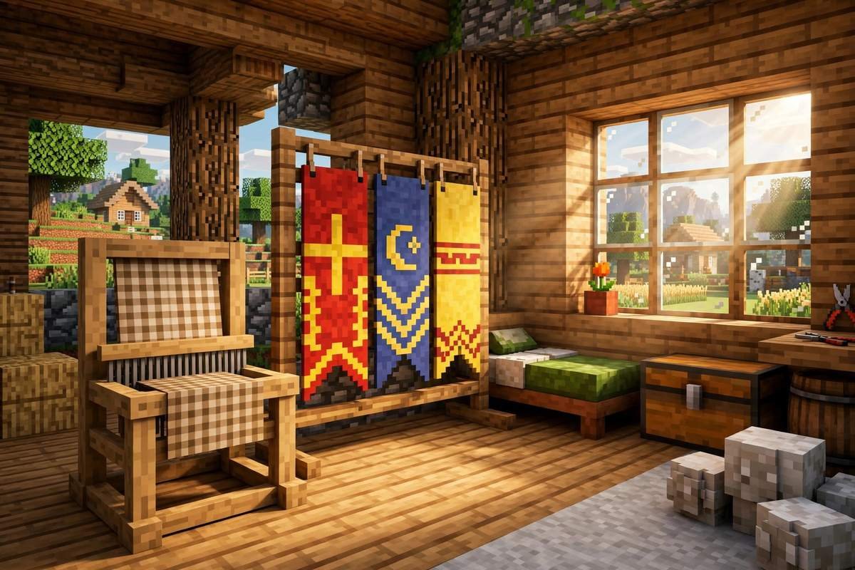 Minecraft loom beside finished patterned banners in a shepherd house — how to make a loom in Minecraft