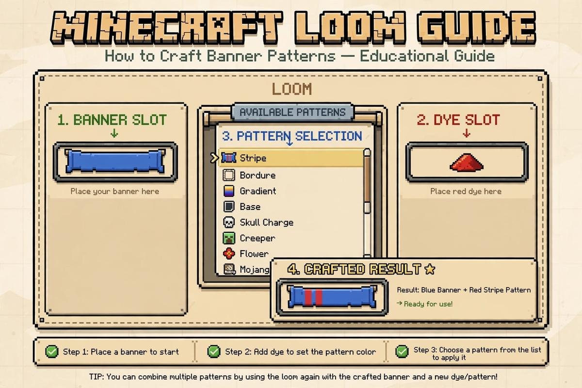 Loom interface with a banner and dye loaded, showing the pattern list for banner designs