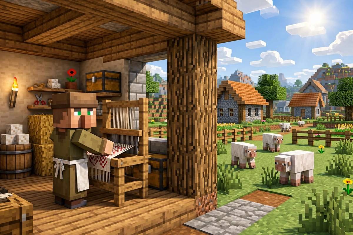 Shepherd villager working at a loom, the job site block that turns villagers into shepherds