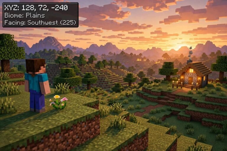 Player using coordinates to find a lost house in Minecraft